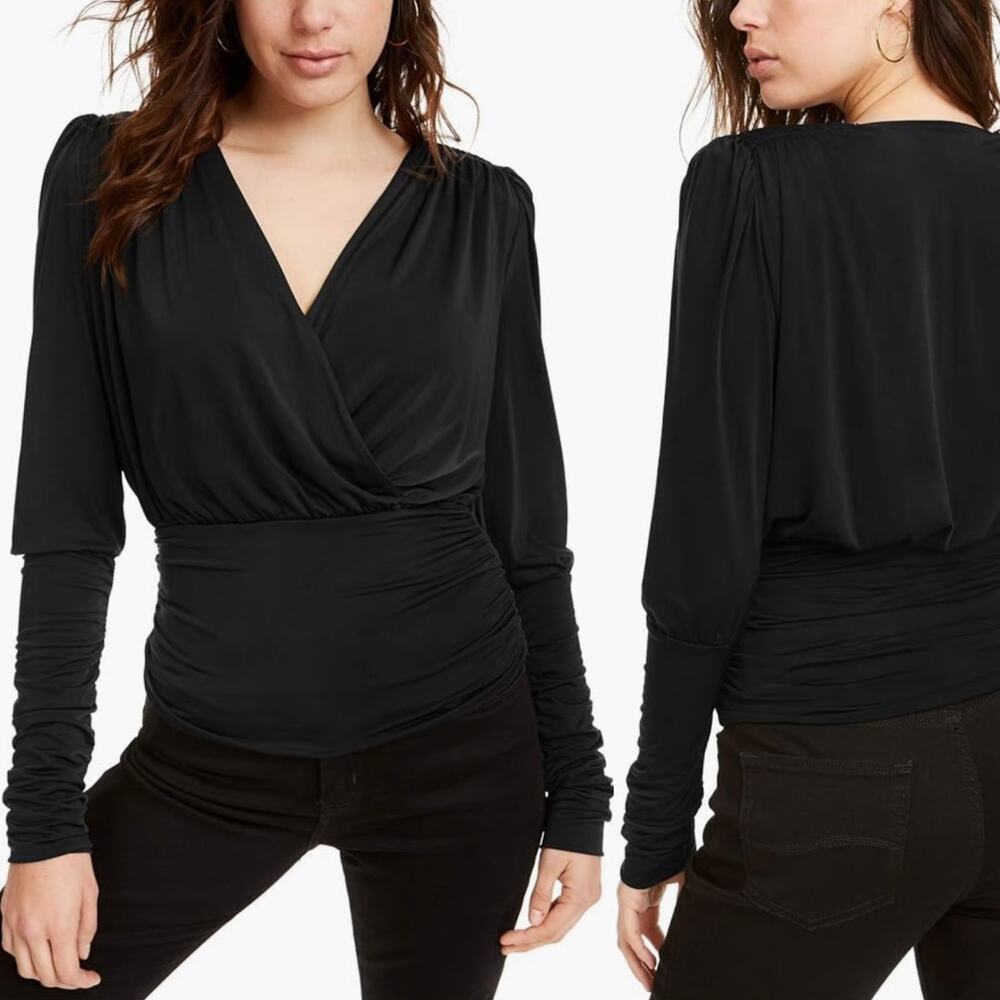 WAYF Black Long Sleeve Surplice V-Neck Ruched Jersey Dressy Top Size Small